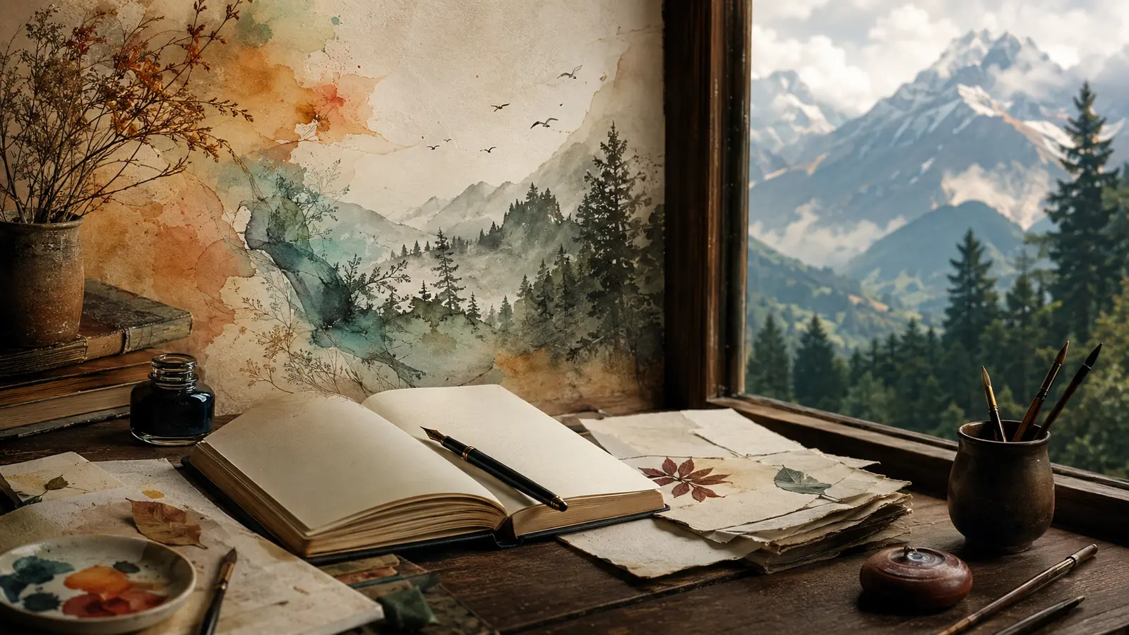 A literary and scholarly writing desk overlooking a Himalayan forest landscape
